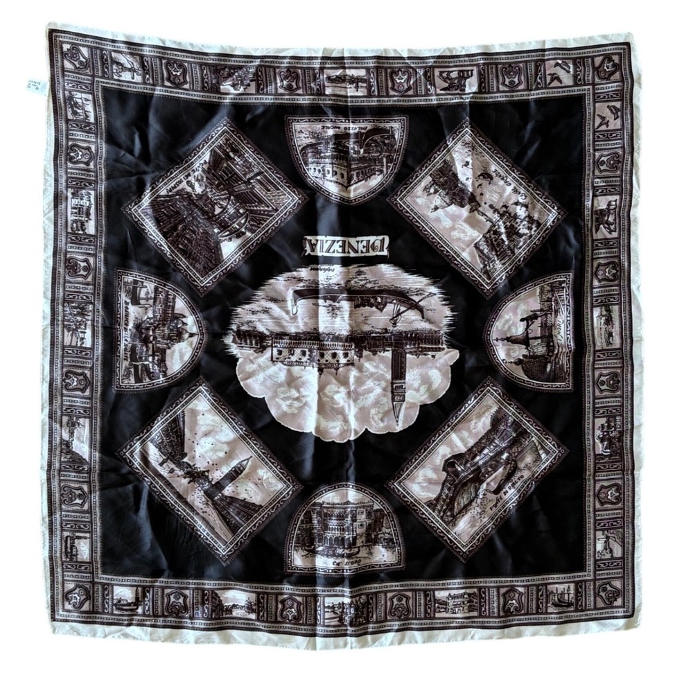 Vintage Venezia Venice Italy Souvenir Scarf Black White Acetate Square 27x27